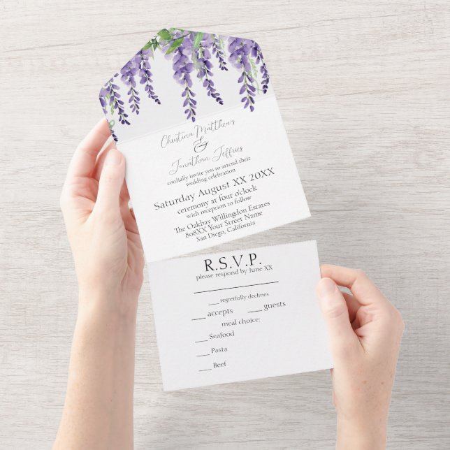 Invitation Tout En Un Fleurs de glycine violette sur blanc Élégant (Déchirure)