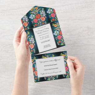Invitation Tout En Un Fleurs de Kalocsai rustiques 