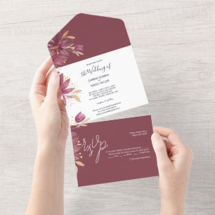 Invitation Tout En Un Fleurs de la Passion Aquarelle Bourgogne Et Or