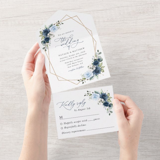 Invitation Tout En Un Fleurs de marine, Fleurs bleues, Boho, Mariage flo (Déchirure)