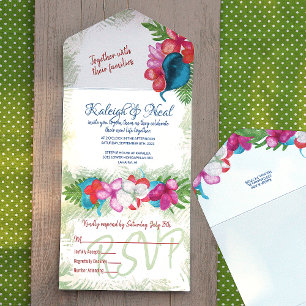 Invitation Tout En Un Fleurs de Plumeria Rose Corail Télée Bleu Tropical