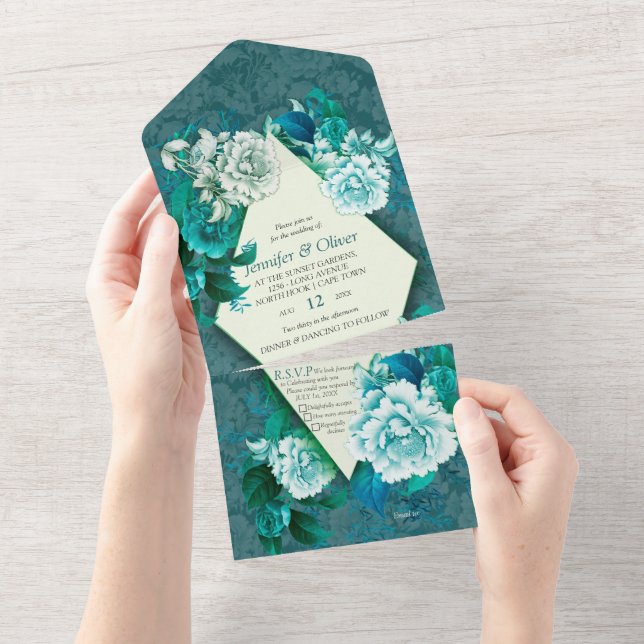 Invitation Tout En Un Fleurs de rose blanche sur papier motif vert (Déchirure)
