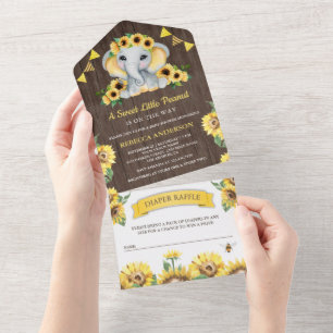 Invitation Tout En Un Fleurs de soleil en bois rustique Baby shower élép