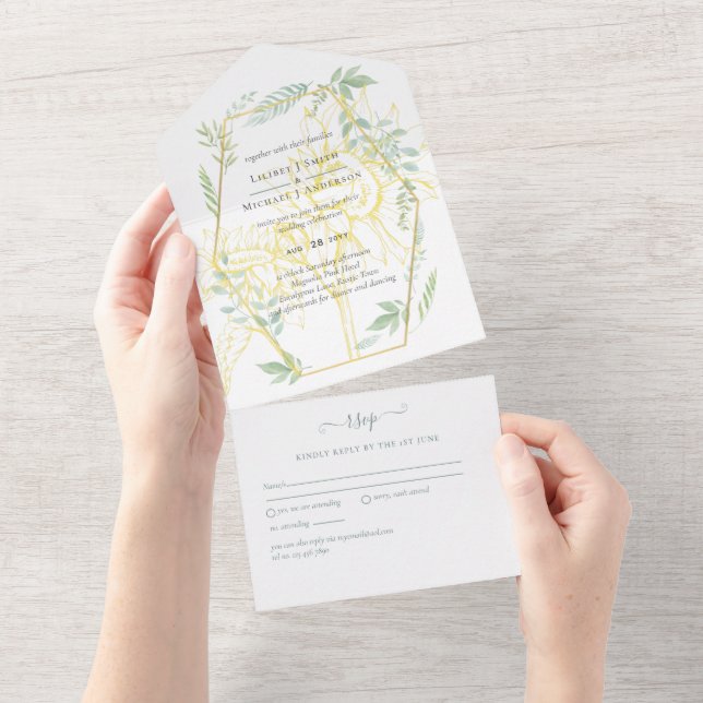 Invitation Tout En Un Fleurs de soleil modernes Mariage d'or Sage (Déchirure)
