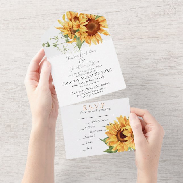 Invitation Tout En Un Fleurs de soleil romantiques aquarelles (Déchirure)