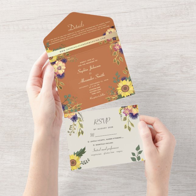 Invitation Tout En Un Fleurs de soleil rustiques Élégant Mariage floral (Déchirure)