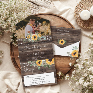 Invitation Tout En Un Fleurs de soleil rustiques Lights Mariage Eucalypt