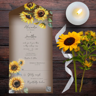 Invitation Tout En Un Fleurs de soleil rustiques sur code QR Brown défra