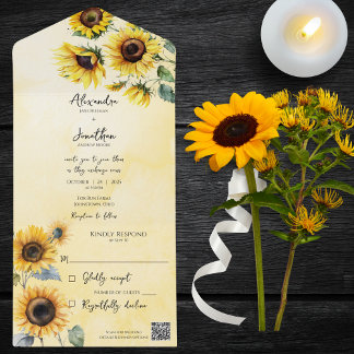 Invitation Tout En Un Fleurs de soleil sur Aquarelle Or avec code QR