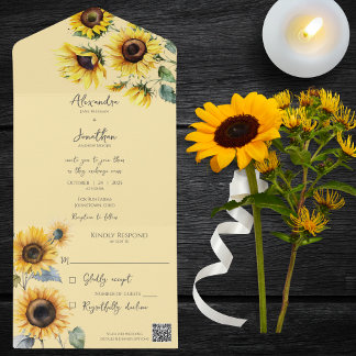 Invitation Tout En Un Fleurs de soleil sur Pale Gold QR Code