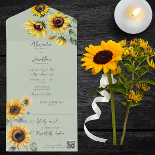 Invitation Tout En Un Fleurs de soleil sur Sage Green QR Code