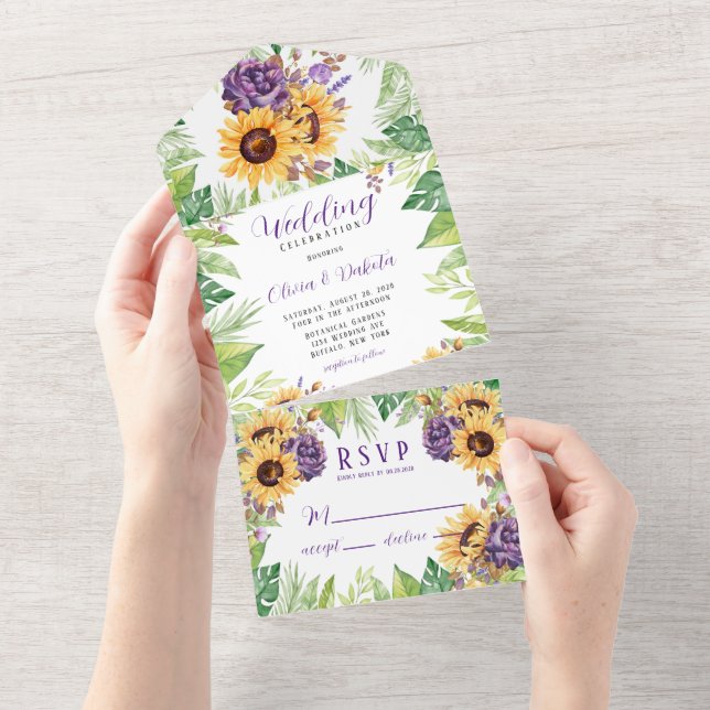 Invitation Tout En Un Fleurs de soleil verdoyantes et fleurs violettes M (Déchirure)