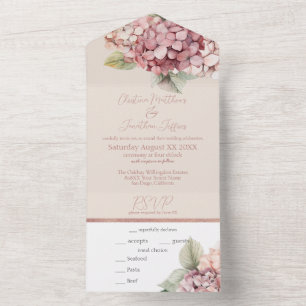 Invitation Tout En Un Fleurs d'hydrangea à l'aquarelle rose romantique e