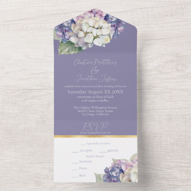 Invitation Tout En Un Fleurs d'hydrangée violette et blanche sur lavande (À l'intérieur)