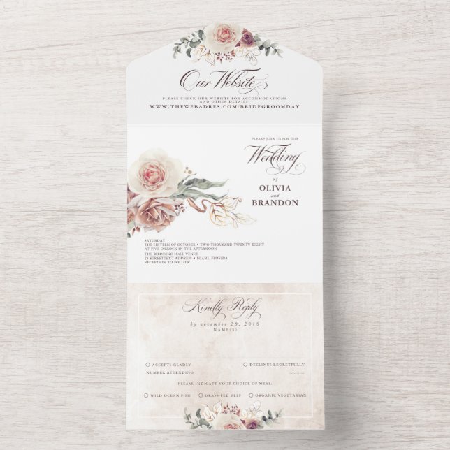 Invitation Tout En Un Fleurs d'ombre Terre Élégant Mariage Boho (À l'intérieur)
