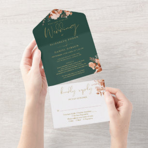 Invitation Tout En Un Fleurs Émeraude Et Détails Dorés RSVP Mariage D'au