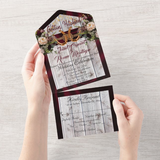 Invitation Tout En Un Fleurs et fer à cheval, Ruban Bourgogne (Déchirure)