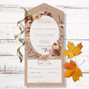 Invitation Tout En Un Fleurs et feuilles d'automne Brun Rustique Pas de