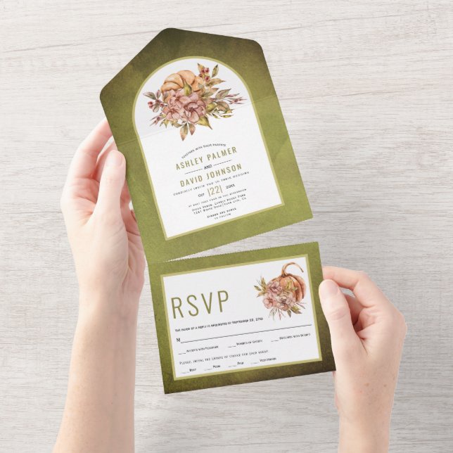 Invitation Tout En Un Fleurs et mariage de automne vert olive citrouille (Déchirure)