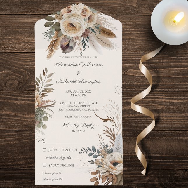 Invitation Tout En Un Fleurs et plumes neutres de Bohême (Also available without dinner options or with QR code. )