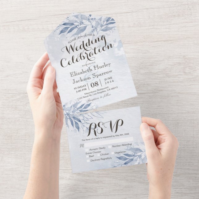 Invitation Tout En Un Fleurs Feuilles d'aquarelle Mariage botanique RSVP (Déchirure)