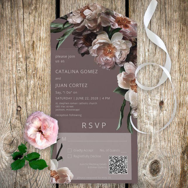 Invitation Tout En Un Fleurs foncées modernes Code QR Brown (Also available without a QR code; with or without dinner selection options.)