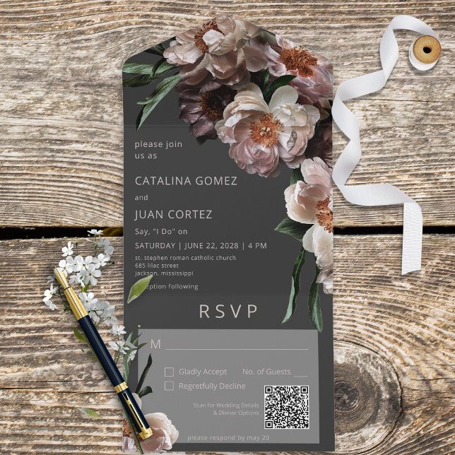 Invitation Tout En Un Fleurs foncées modernes Code QR noir (Also available without a QR code; with or without dinner selection options.)