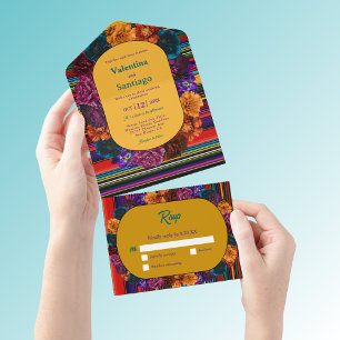 Invitation Tout En Un Fleurs mexicaines modernes mariage jaune