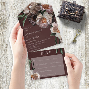 Invitation Tout En Un Fleurs Modernes Foncées Floraison Bourgogne Dîner