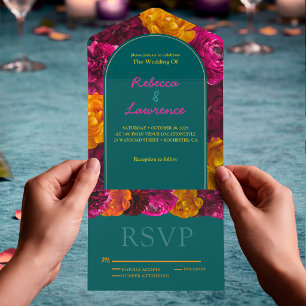 Invitation Tout En Un Fleurs modernes rose vert jaune