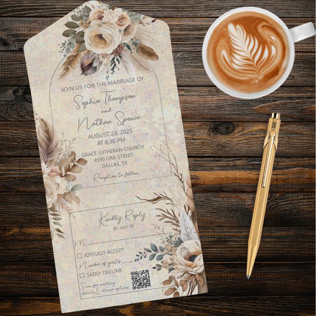 Invitation Tout En Un Fleurs neutres de style bohème Code QR (Créateur téléchargé)
