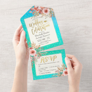 Invitation Tout En Un Fleurs roses Bleu Vert Or Confetti Mariage RSVP