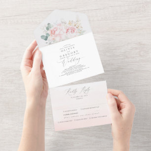 Invitation Tout En Un Fleurs roses et verdure or Mariage élégant