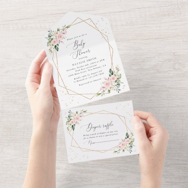 Invitation Tout En Un Fleurs roses, Fleurs blanches, Verdure, Baby showe (Déchirure)
