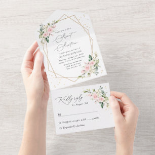 Invitation Tout En Un Fleurs roses, Fleurs blanches, Verdure, Doux 16