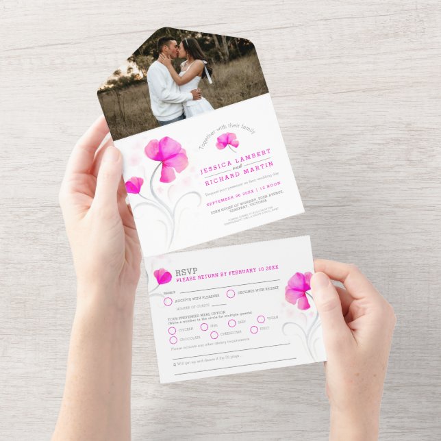 Invitation Tout En Un Fleurs roses gris tourbillon aquarelle mariage pho (Déchirure)