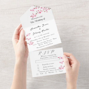 Invitation Tout En Un Fleurs roses japonaises en fleurs de cerises rusti