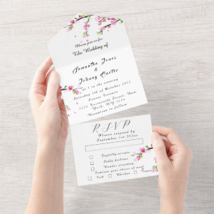 Invitation Tout En Un Fleurs roses japonaises en fleurs de cerises rusti