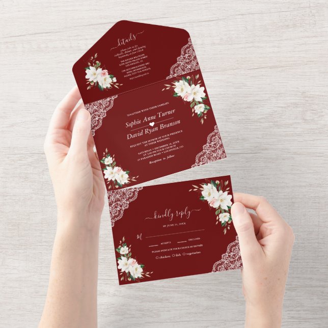 Invitation Tout En Un Fleurs roses Magnolia Blanches Mariage Bourgogne (Déchirure)
