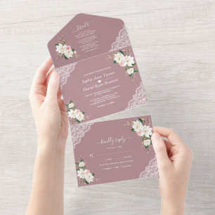 Invitation Tout En Un Fleurs roses Magnolia Blanches Mariage Rose