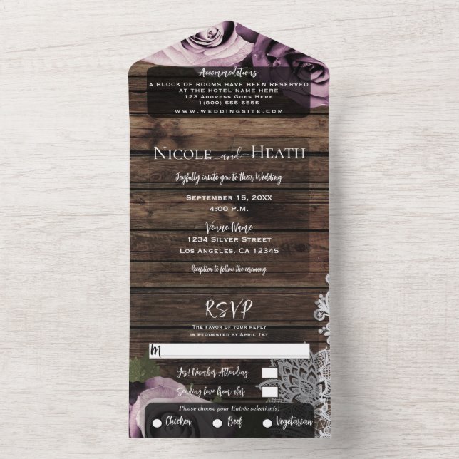 Invitation Tout En Un Fleurs Roses Mauve Rose Glacé Broderie Mariage Boi (À l'intérieur)