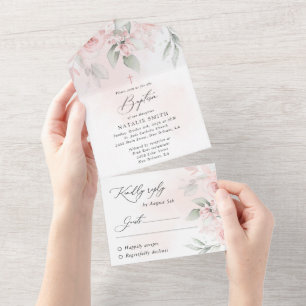 Invitation Tout En Un Fleurs roses pâles, verdure, Boho, baptême floral