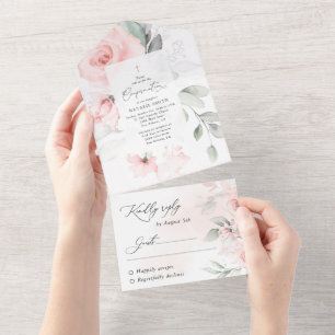Invitation Tout En Un Fleurs roses pâles, verdure, confirmation florale
