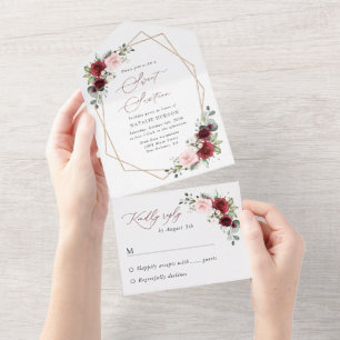 Invitation Tout En Un Fleurs Rouges Bourgogne, Fleurs Roses, Douces 16