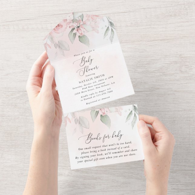 Invitation Tout En Un Fleurs Rouges, Fleurs Roses, Boho, Baby shower (Déchirure)