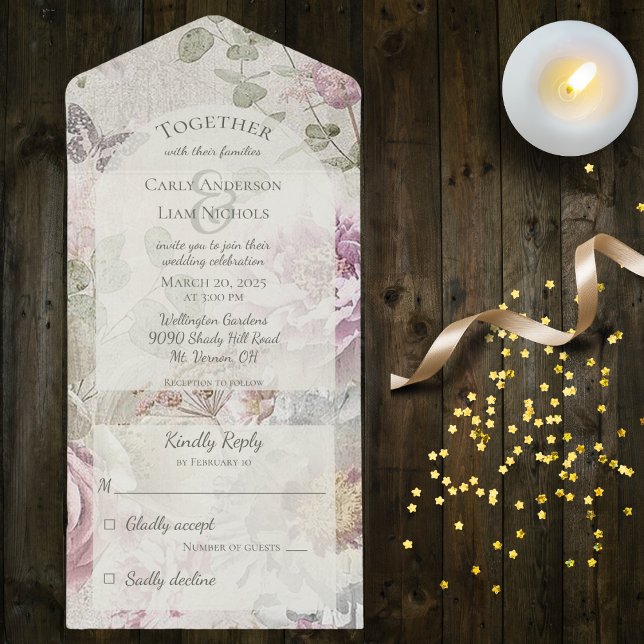 Invitation Tout En Un Fleurs sauvages anciennes avec papillon (Also available with QR code)
