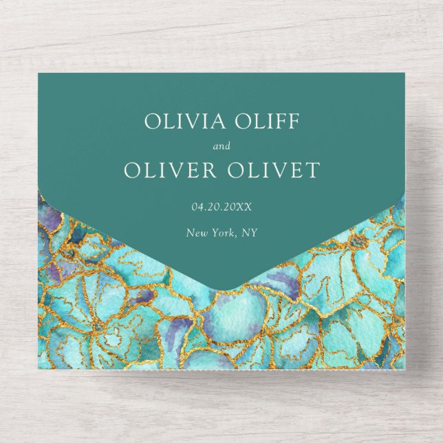 Invitation Tout En Un Fleurs turquoises Photo Mariage Tout en un Invitat (Verso)