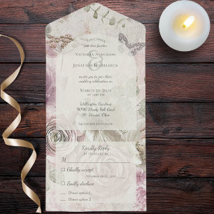 Invitation Tout En Un Fleurs vintages avec papillon