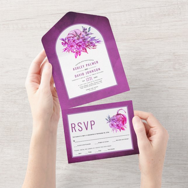 Invitation Tout En Un Fleurs violettes et mariage de automne citrouille  (Déchirure)