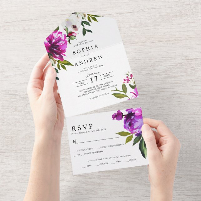 Invitation Tout En Un Fleurs violettes et Mariage Feuille verdoyant (Déchirure)